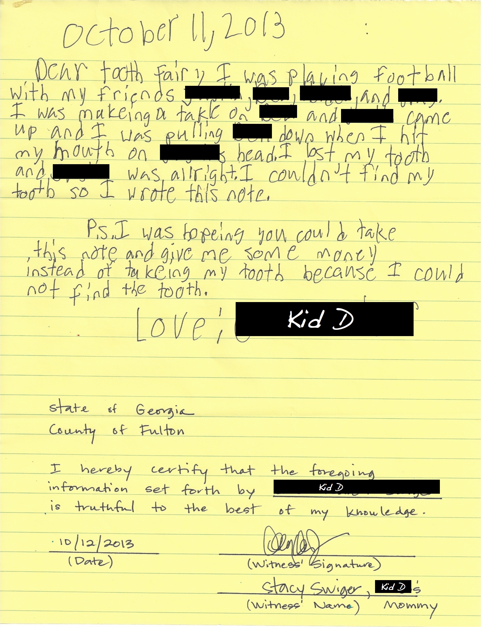 Kid D tooth fairy letter